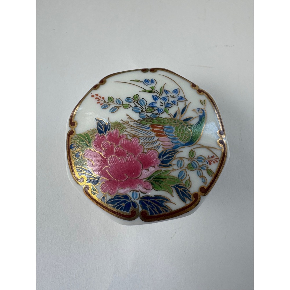 Shibata Japan Porcelain Trinket Box Peacock Peony Floral Gold Trim Octagonal